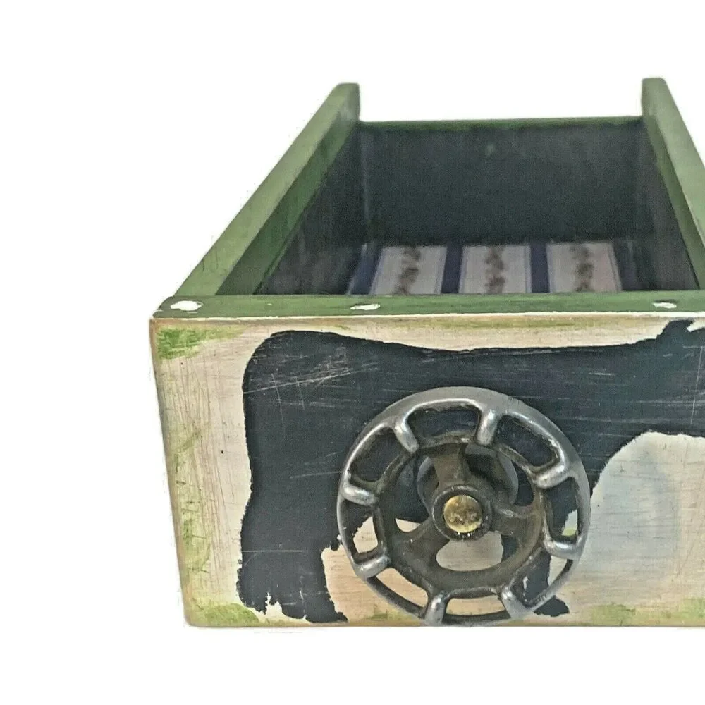 Farmhouse Wood Drawer Crate w/ Vintage Dairy Cow Spigot Handle, Green/Black